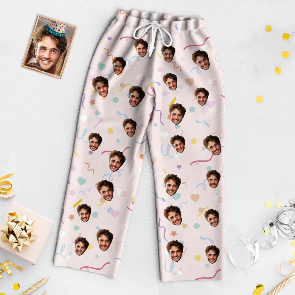 Benutzerdefinierte Gesicht Geburtstag Pyjamas Personalisierte Foto Party Nachtwäsche Frauen Männer Rosa Pyjama Set Farbiges Band - DePhotoBoxer