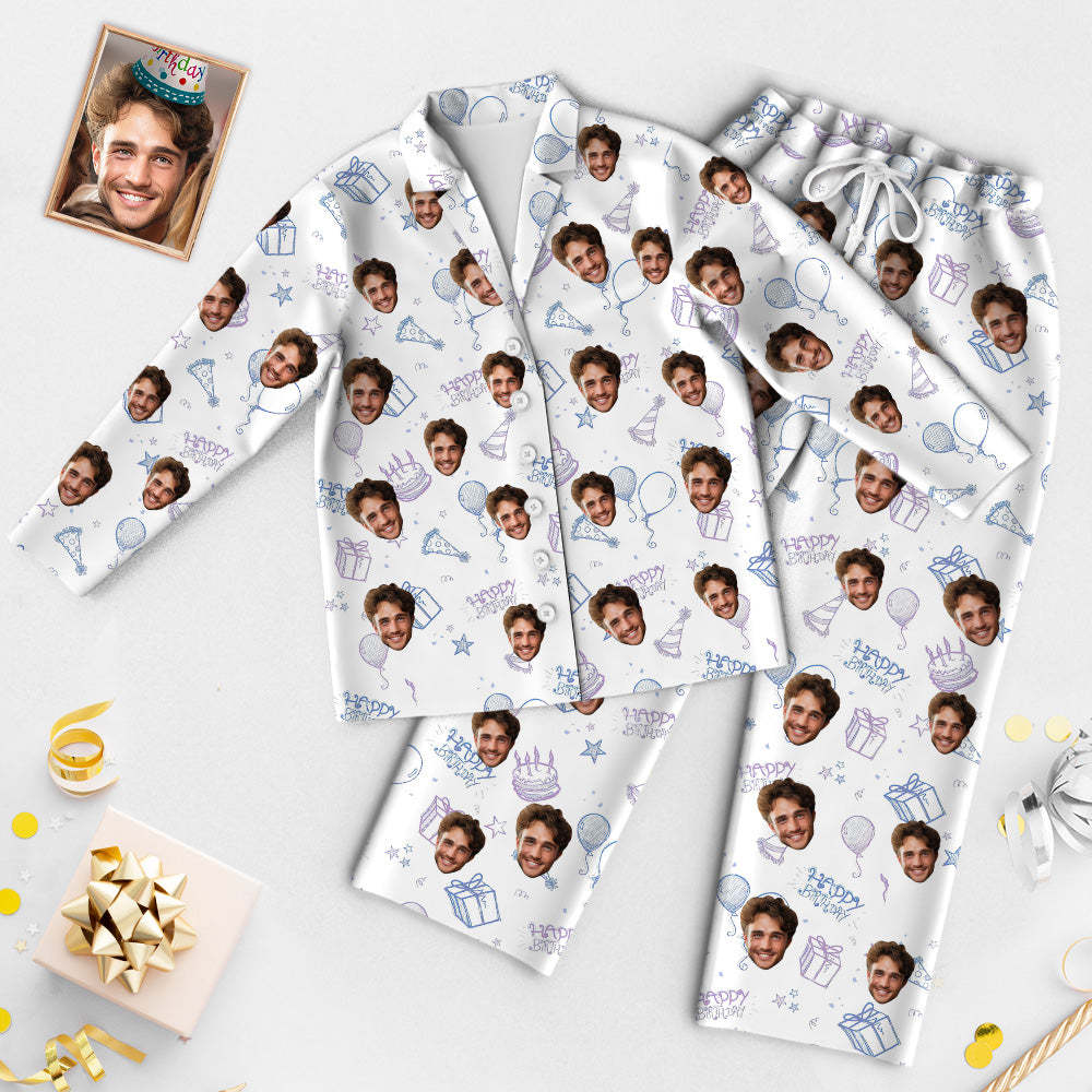 Benutzerdefinierte Gesicht Geburtstag Pyjamas Personalisierte Foto Party Nachtwäsche Frauen Männer Weiß Pyjama Set Alles Gute Zum Geburtstag - DePhotoBoxer