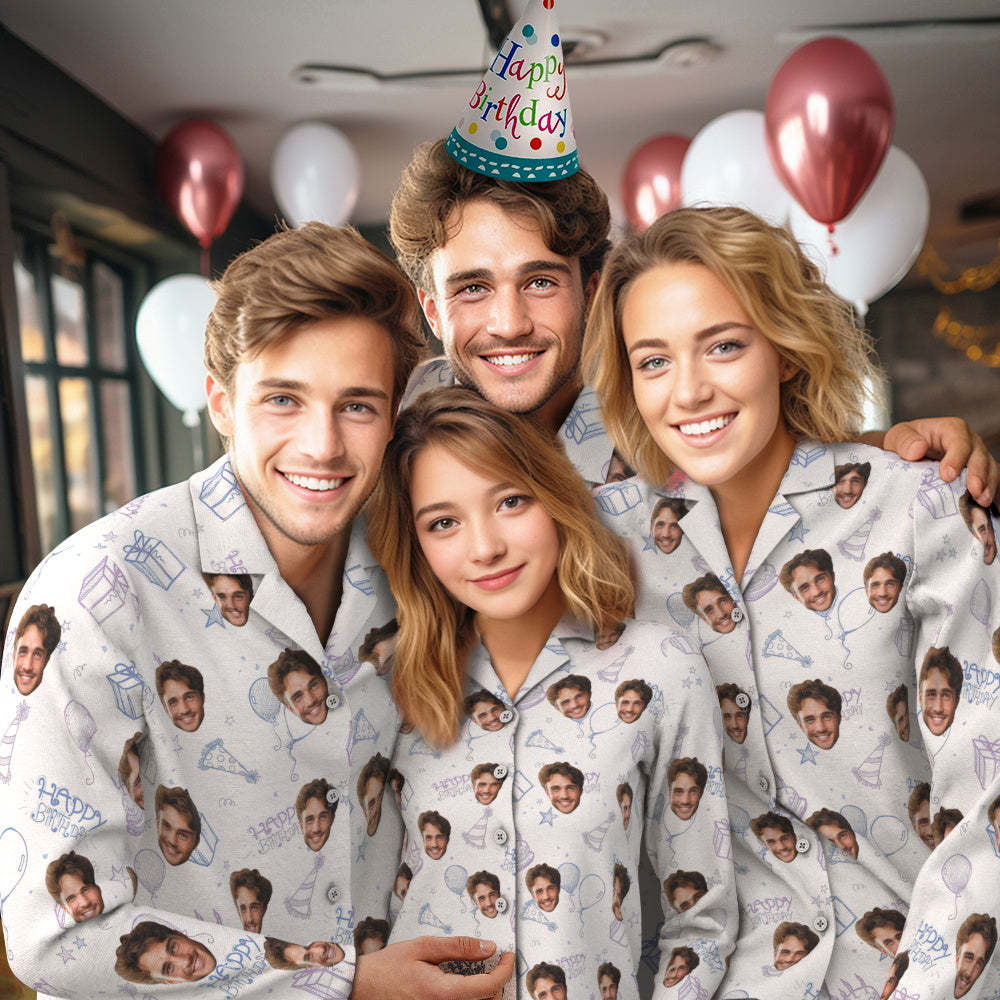 Benutzerdefinierte Gesicht Geburtstag Pyjamas Personalisierte Foto Party Nachtwäsche Frauen Männer Weiß Pyjama Set Alles Gute Zum Geburtstag - DePhotoBoxer