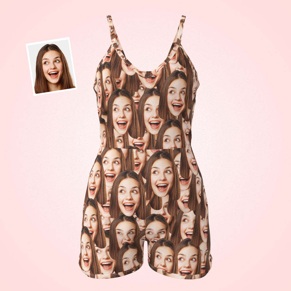 Benutzerdefinierte Face Sling Jumpsuit Shorts Personalisiertes Foto Face Mash Ärmelloser Pyjama Für Frauen - DePhotoBoxer