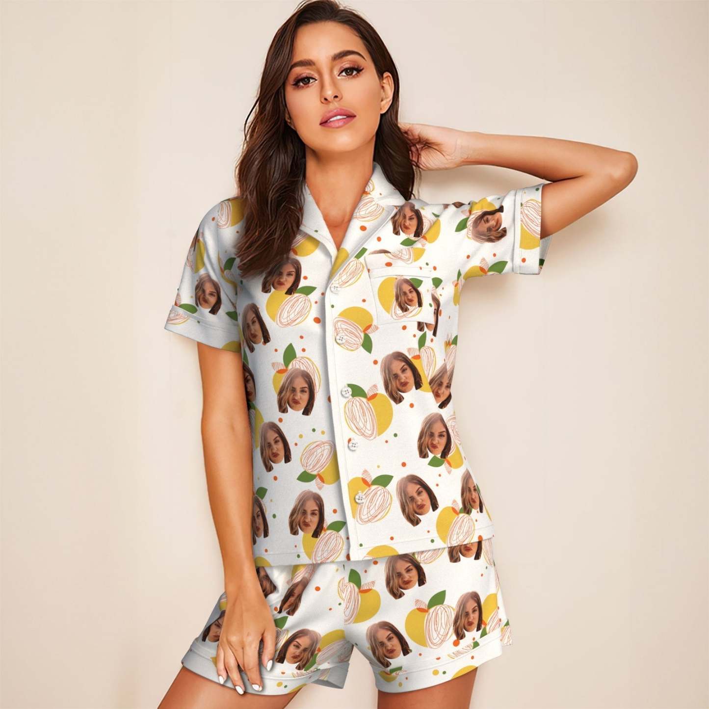Kurzärmeliger Pyjama Mit Individuellem Gesicht, Personalisierte Foto-nachtwäsche, Zitronengeschenke - DePhotoBoxer
