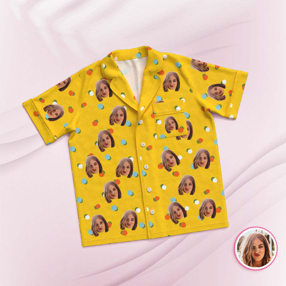Kurzärmeliger Pyjama Mit Individuellem Gesicht, Personalisiertes Foto, Gelbe Nachtwäsche, Urlaubsgeschenke - DePhotoBoxer
