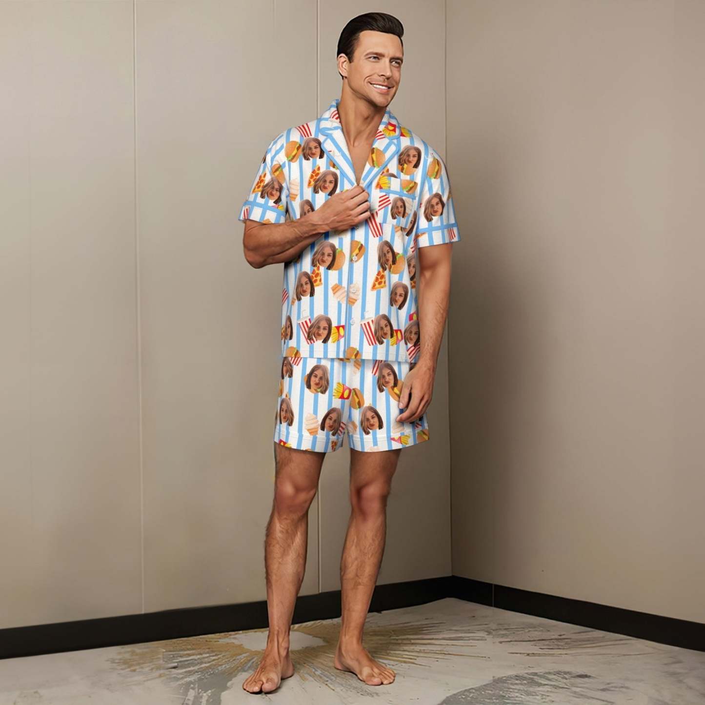 Kurzärmeliger Pyjama Mit Individuellem Gesicht, Personalisierte Foto-nachtwäsche, Fast-food-urlaubsgeschenke - DePhotoBoxer