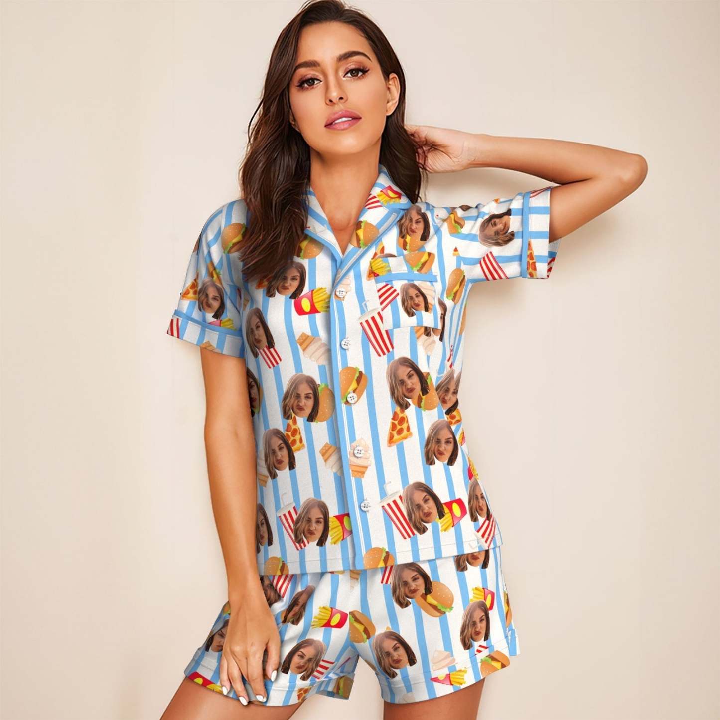 Kurzärmeliger Pyjama Mit Individuellem Gesicht, Personalisierte Foto-nachtwäsche, Fast-food-urlaubsgeschenke - DePhotoBoxer