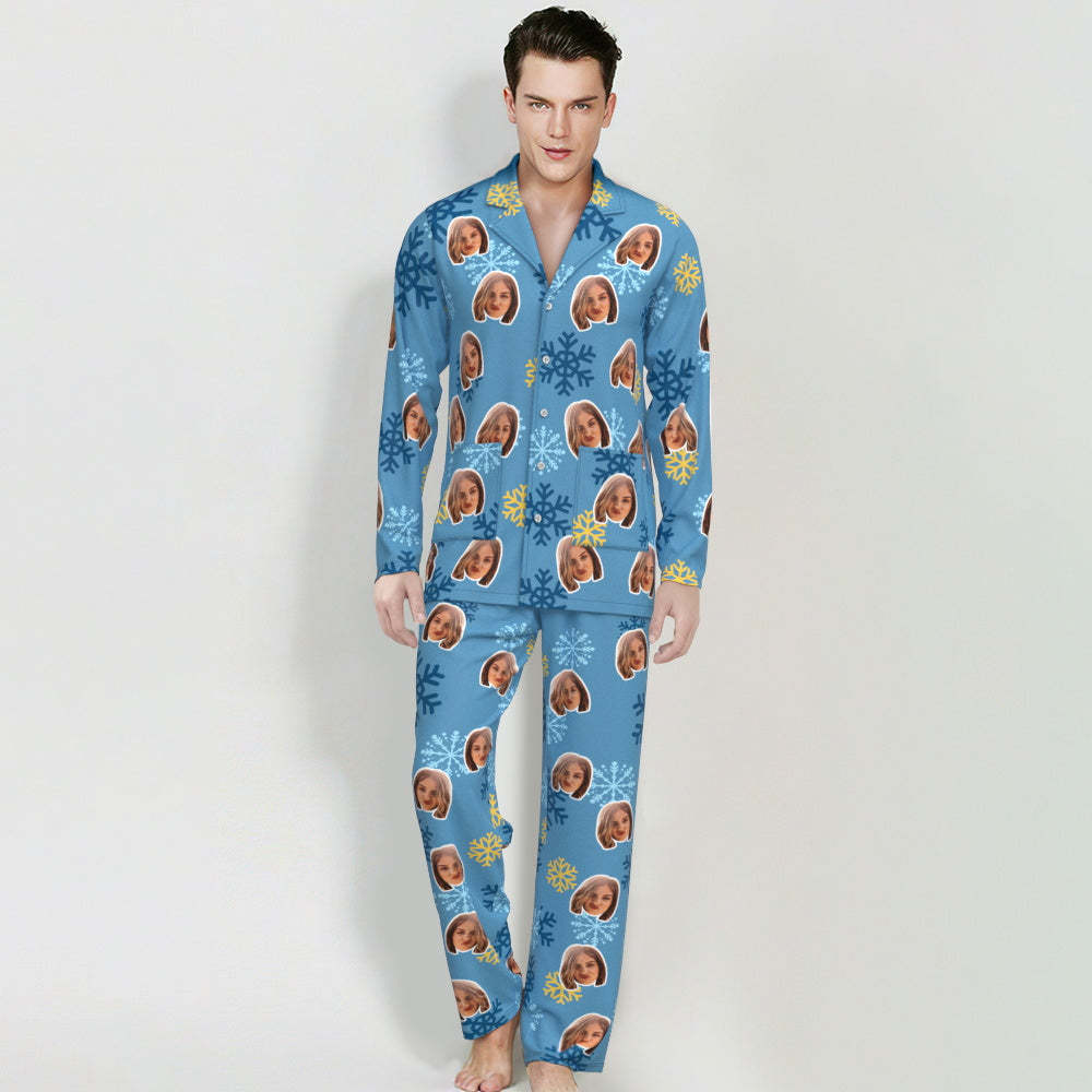Benutzerdefinierter Gesichts-pyjama, Schlafanzug, Personalisiertes Foto, Blauer Pyjama, Schneeflocke, Geschenk Für Freunde - DePhotoBoxer