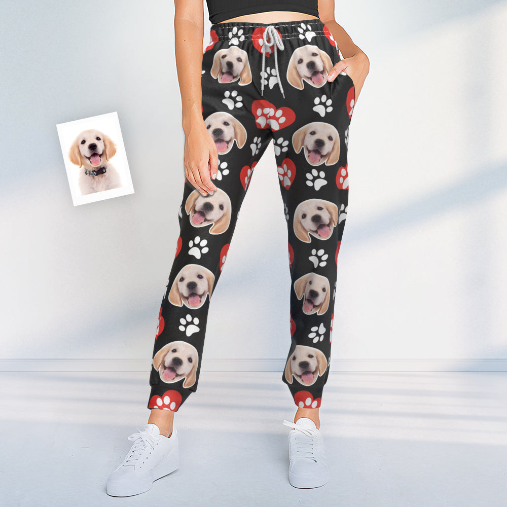 Benutzerdefinierte Hund Gesicht Sweatpants Unisex Jogger mit Herz Muster Pfote
