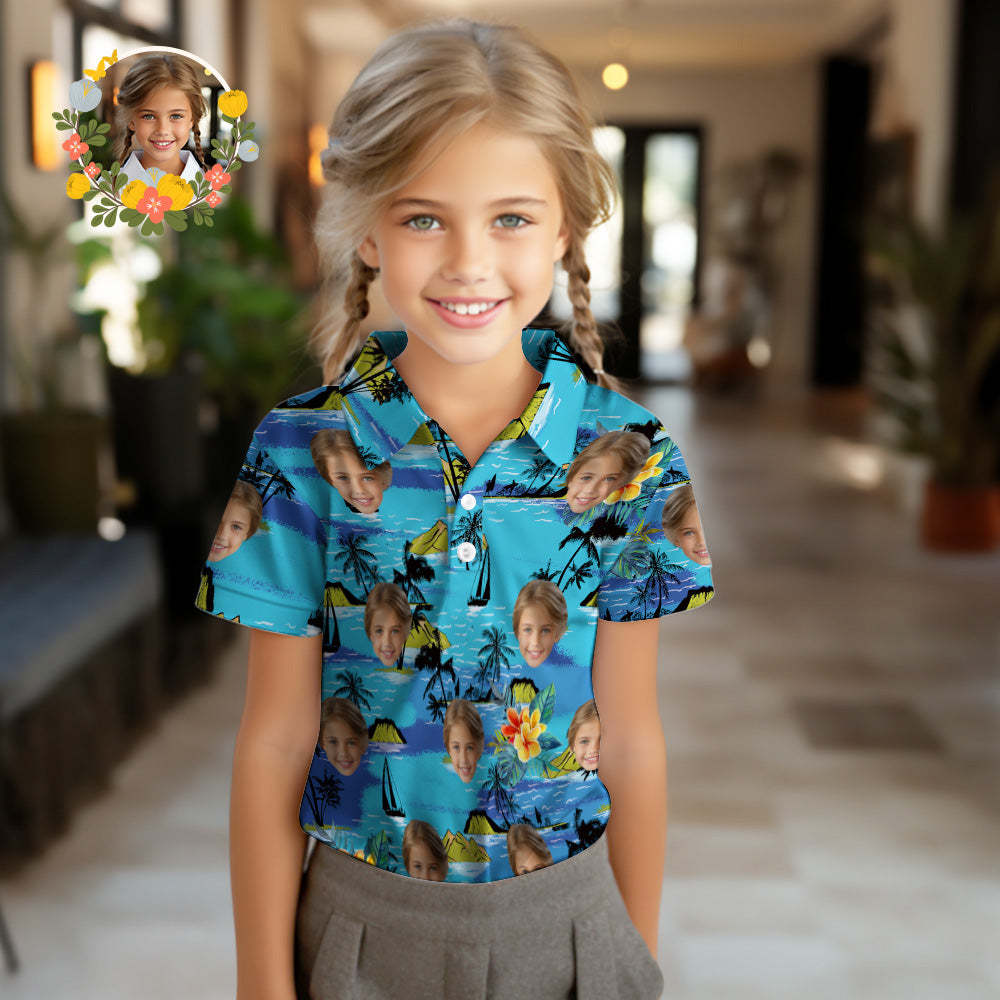 Benutzerdefinierte Gesichts-poloshirts Für Kinder, Personalisiertes Foto-shirt Im Hawaiianischen Stil, Vice City - DePhotoBoxer