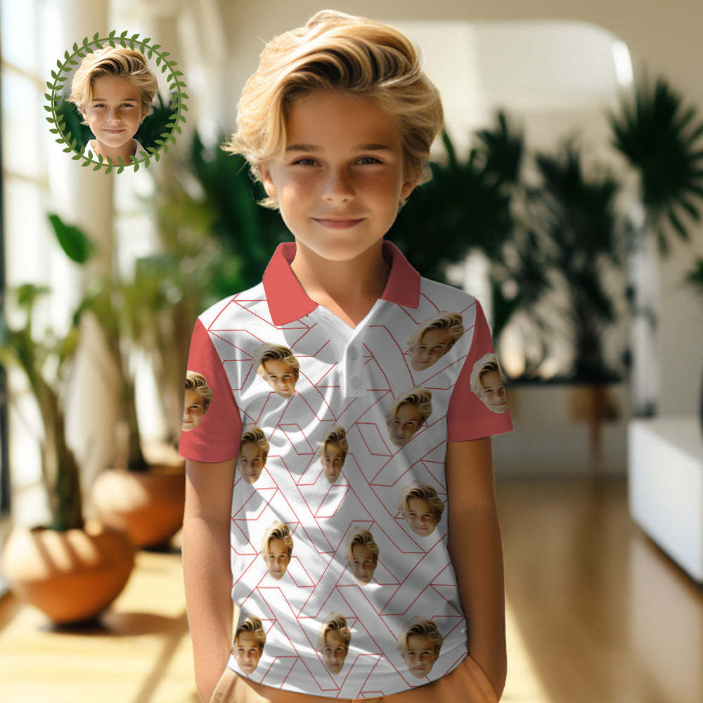 Poloshirts Für Kinder Mit Individuellem Gesicht, Personalisiertes Fotoshirt, Rot Kariert - DePhotoBoxer