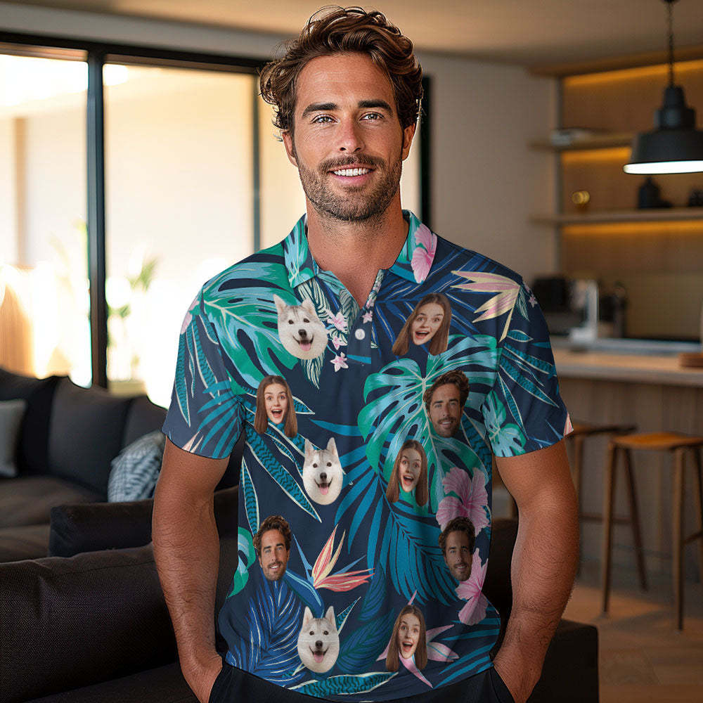 Individuell Personalisierte Poloshirts, Individuelles Herren-gesichts-poloshirt, Golf-poloshirts Für Ihn, Grüne Blätter Und Blumen - DePhotoBoxer