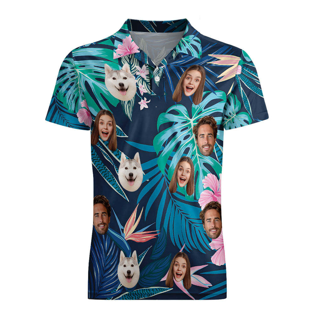 Individuell Personalisierte Poloshirts, Individuelles Herren-gesichts-poloshirt, Golf-poloshirts Für Ihn, Grüne Blätter Und Blumen - DePhotoBoxer