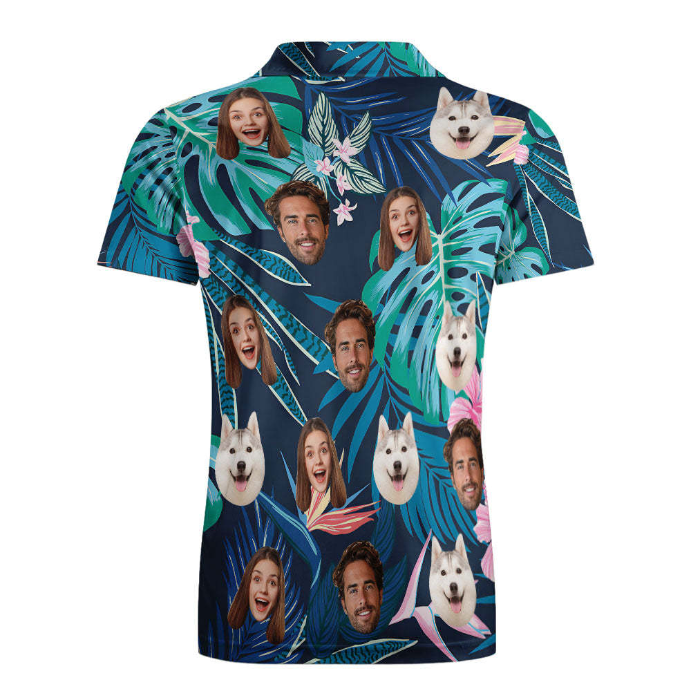 Individuell Personalisierte Poloshirts, Individuelles Herren-gesichts-poloshirt, Golf-poloshirts Für Ihn, Grüne Blätter Und Blumen - DePhotoBoxer