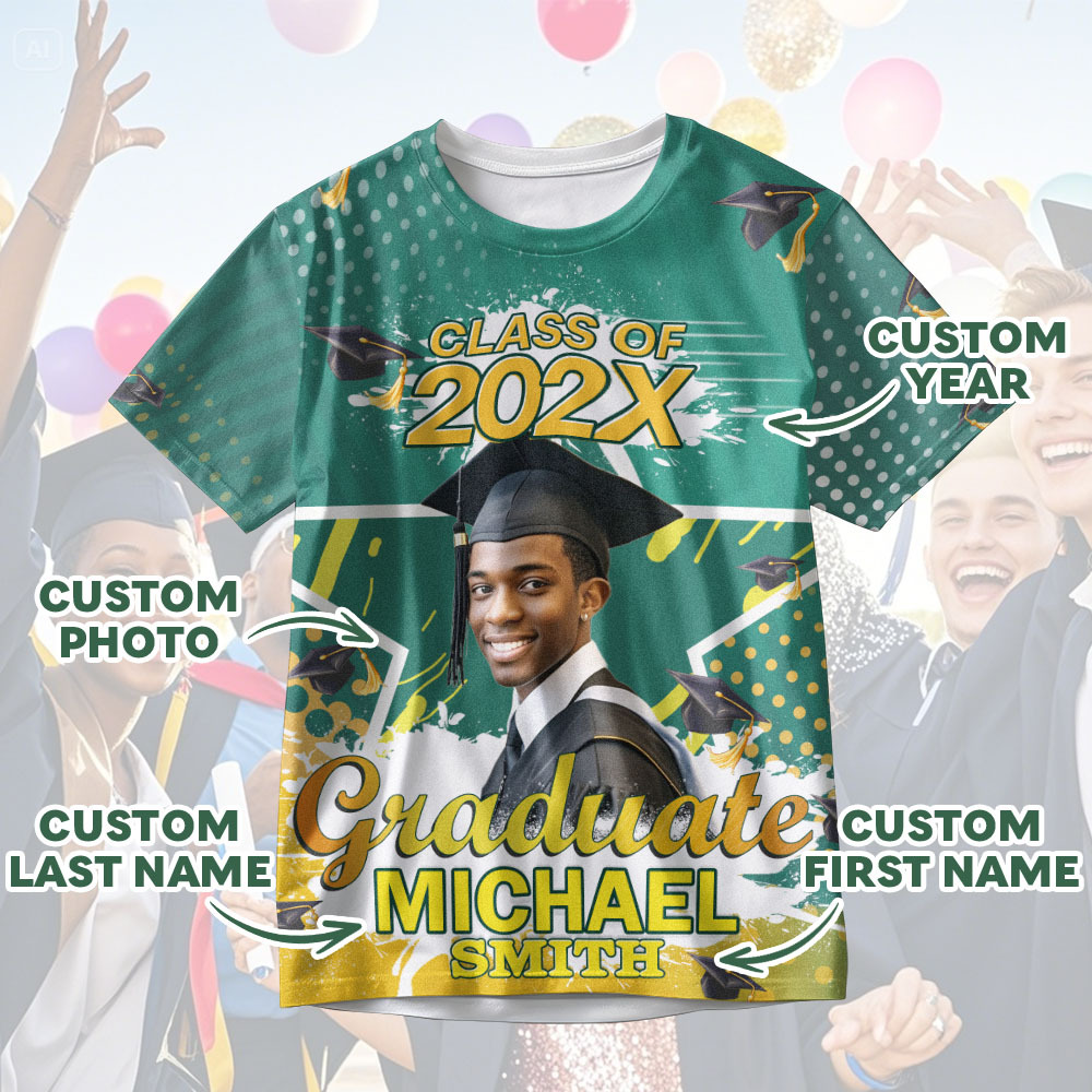 Personalisiertes 3d-abschluss-t-shirt Mit Personalisiertem Namen Und Jahr, Abschlussgeschenk Für Ihn - DePhotoBoxer