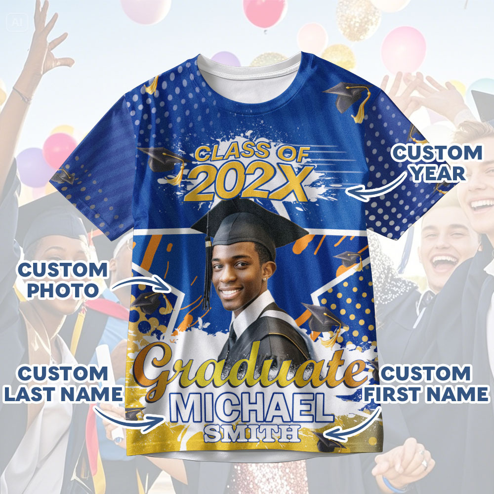 Personalisiertes 3d-abschluss-t-shirt Mit Personalisiertem Namen Und Jahr, Abschlussgeschenk Für Ihn - DePhotoBoxer