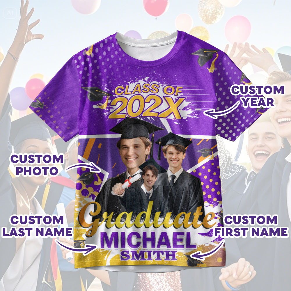 Personalisiertes 3d-abschluss-t-shirt Mit Personalisiertem Namen Und Jahr, Abschlussgeschenk Für Ihn - DePhotoBoxer