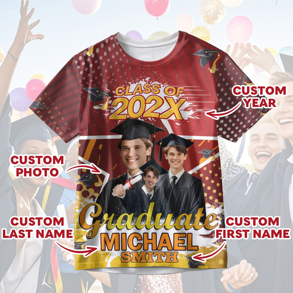 Personalisiertes 3d-abschluss-t-shirt Mit Personalisiertem Namen Und Jahr, Abschlussgeschenk Für Ihn - DePhotoBoxer