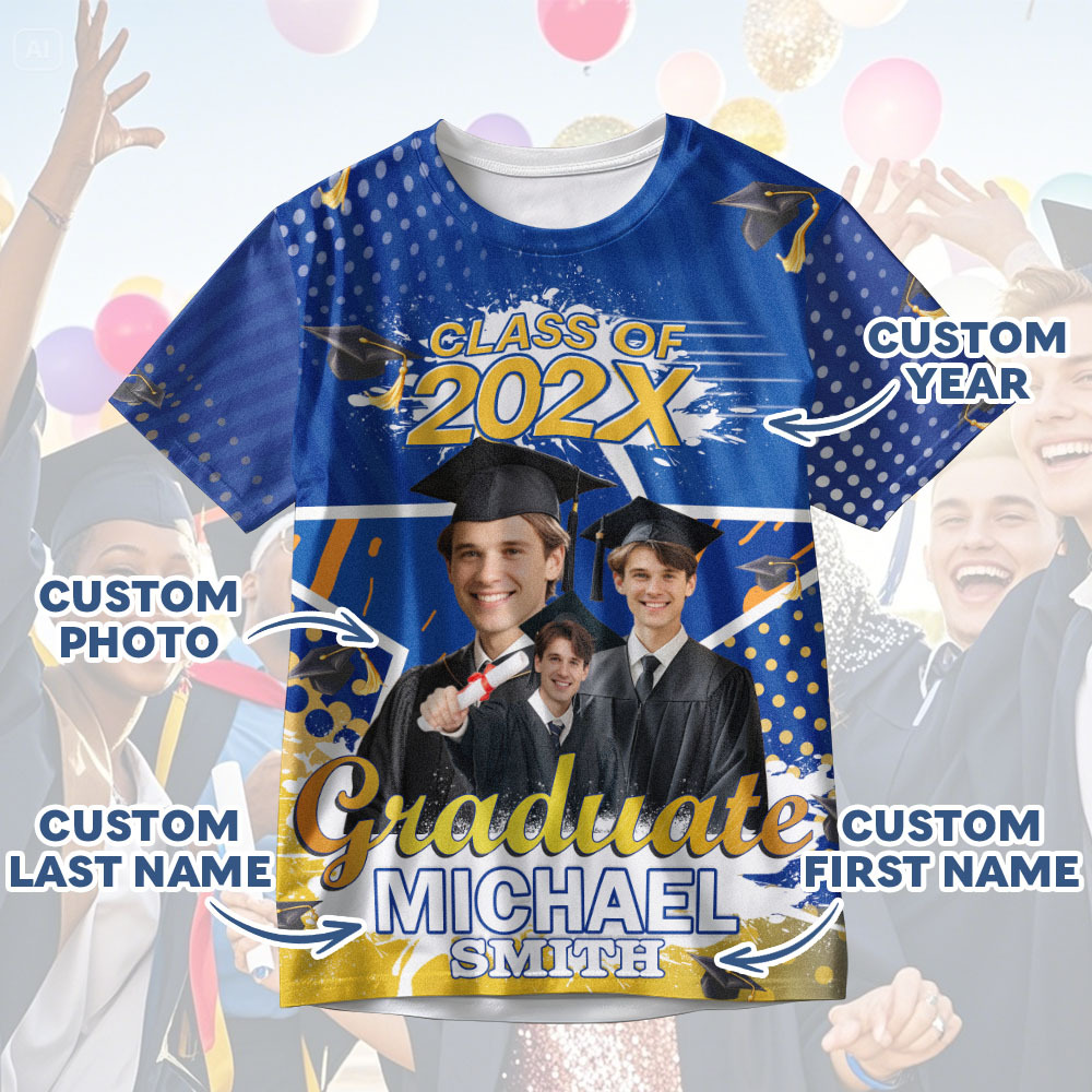 Personalisiertes 3d-abschluss-t-shirt Mit Personalisiertem Namen Und Jahr, Abschlussgeschenk Für Ihn - DePhotoBoxer