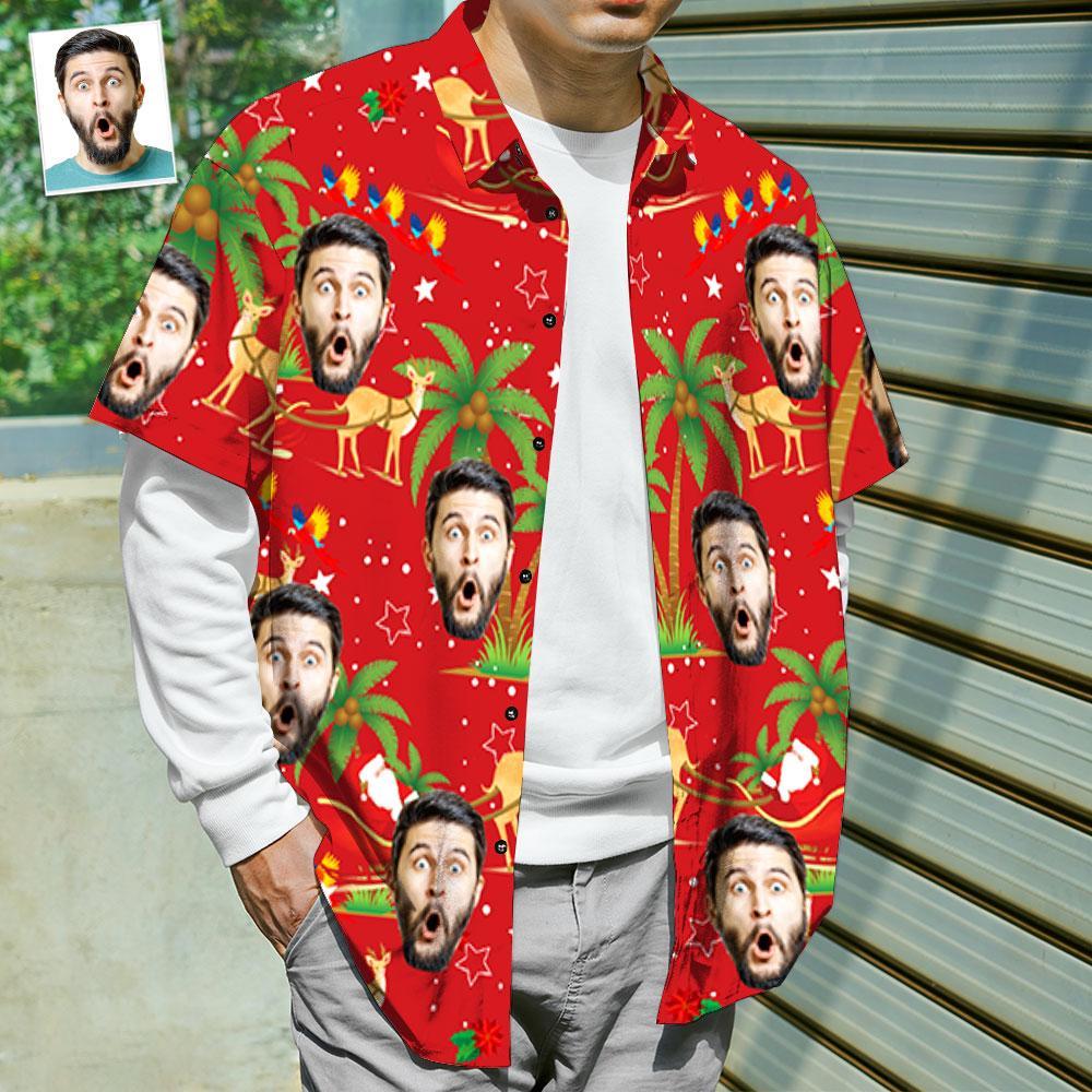 Benutzerdefiniertes Gesicht Shirt Personalisierte Foto Herren Hawaiihemd Weihnachtsgeschenk - Weihnachtsmann und Elch