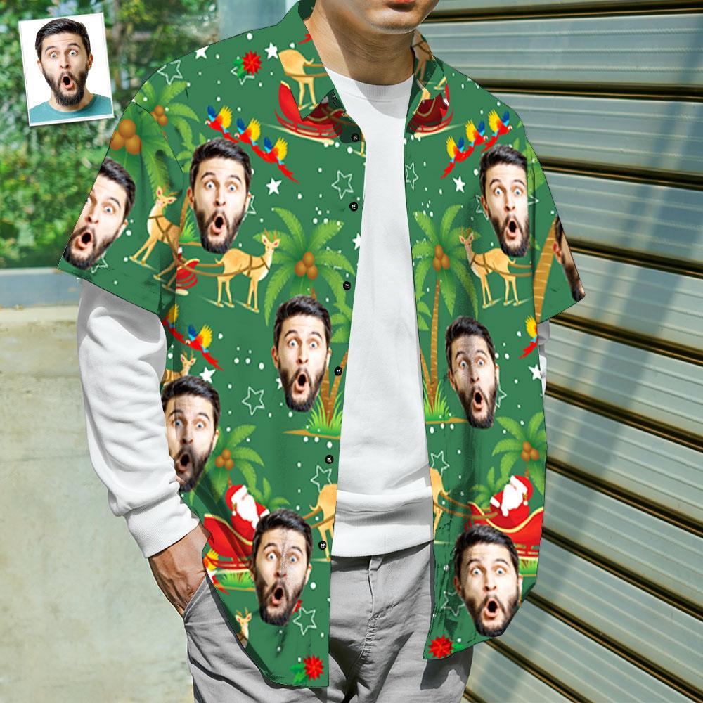 Benutzerdefiniertes Gesicht Shirt Personalisierte Foto Herren Hawaiihemd Weihnachtsgeschenk - Weihnachtsmann und Elch