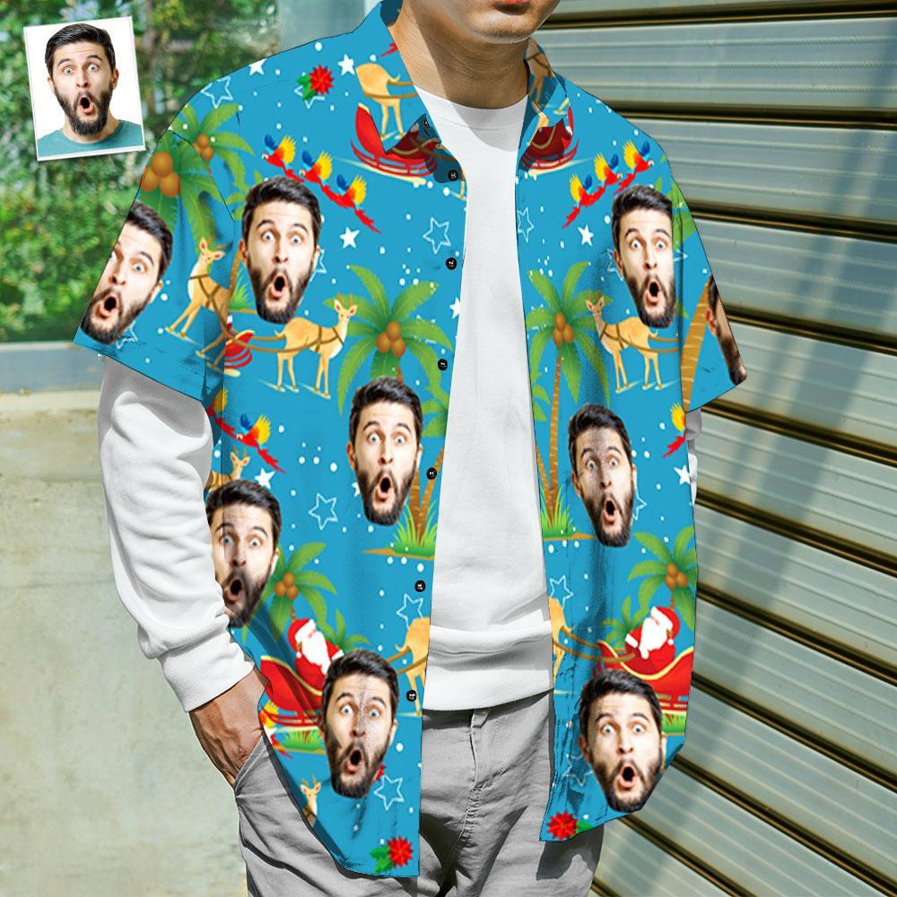Benutzerdefiniertes Gesicht Shirt Personalisierte Foto Herren Hawaiihemd Weihnachtsgeschenk - Weihnachtsmann und Elch
