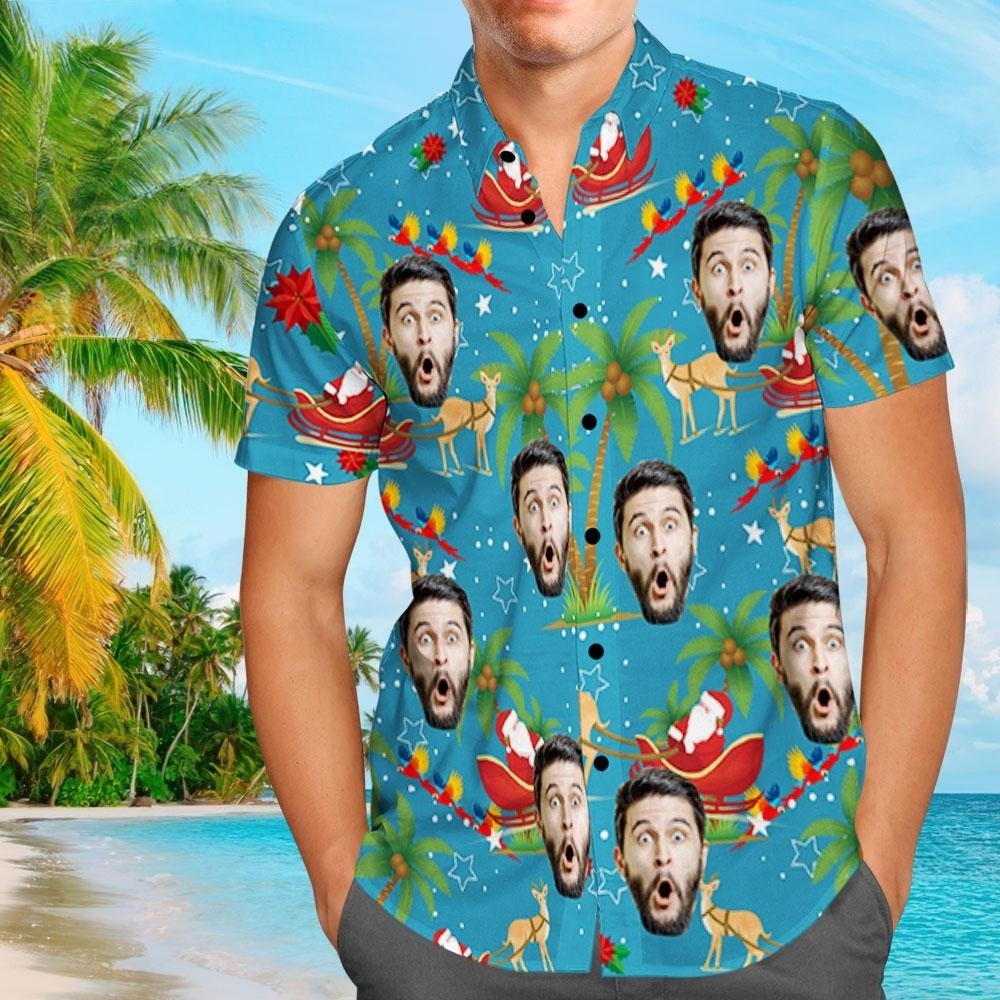 Benutzerdefiniertes Gesicht Shirt Personalisierte Foto Herren Hawaiihemd Weihnachtsgeschenk - Weihnachtsmann und Elch