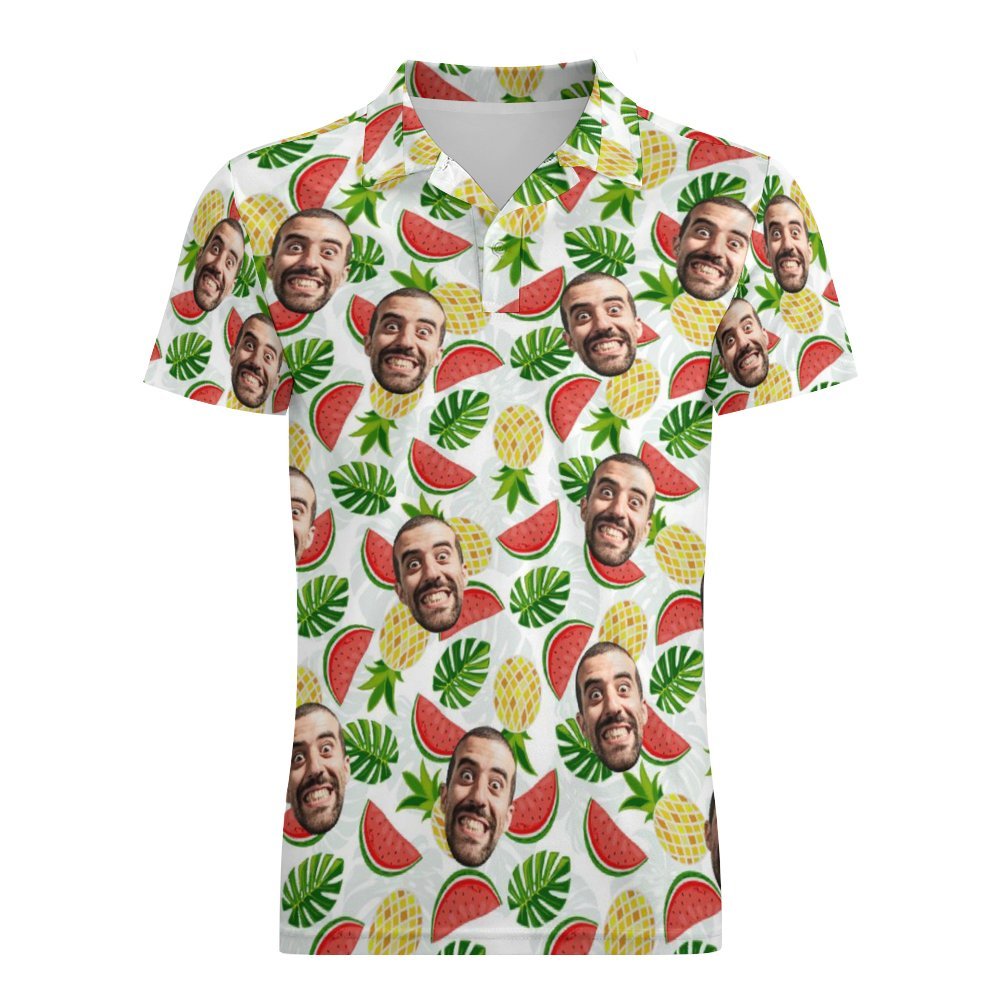 Herren-poloshirt Mit Individuellem Gesicht, Ananas Und Wassermelone, Personalisierte Hawaiianische Golf-shirts - DePhotoBoxer