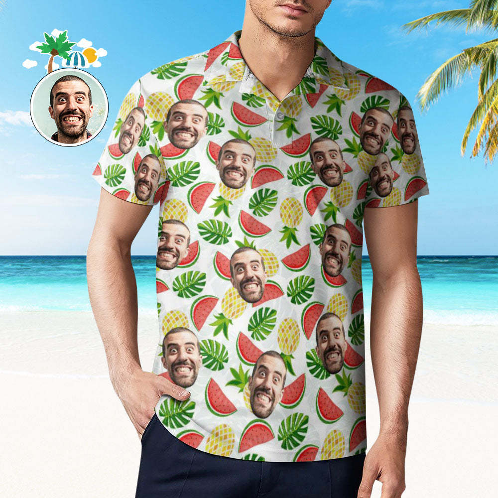 Herren-poloshirt Mit Individuellem Gesicht, Ananas Und Wassermelone, Personalisierte Hawaiianische Golf-shirts - DePhotoBoxer