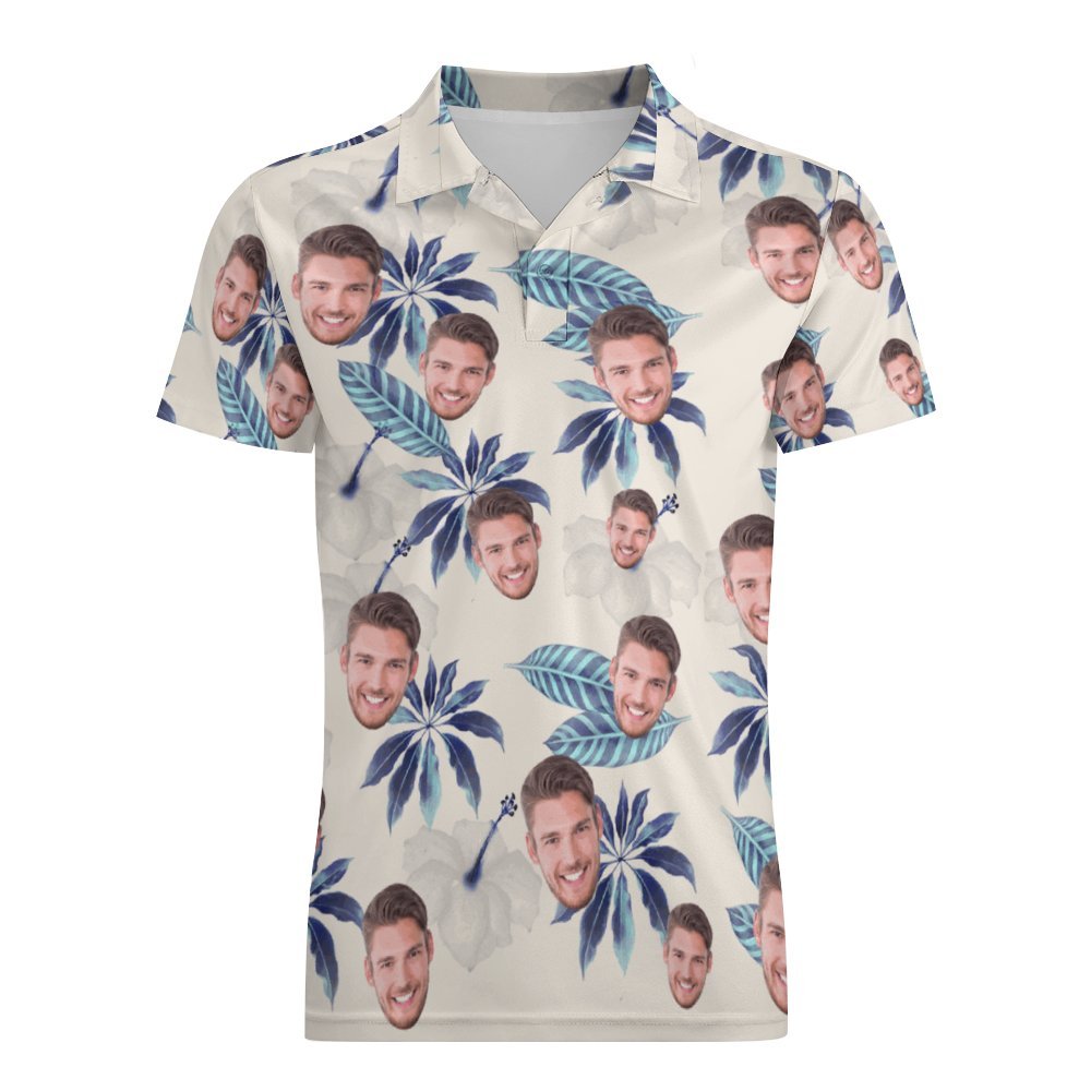 Benutzerdefiniertes Gesichts-poloshirt Für Männer, Blumen Und Blätter, Personalisierte Hawaiianische Golf-shirts - DePhotoBoxer