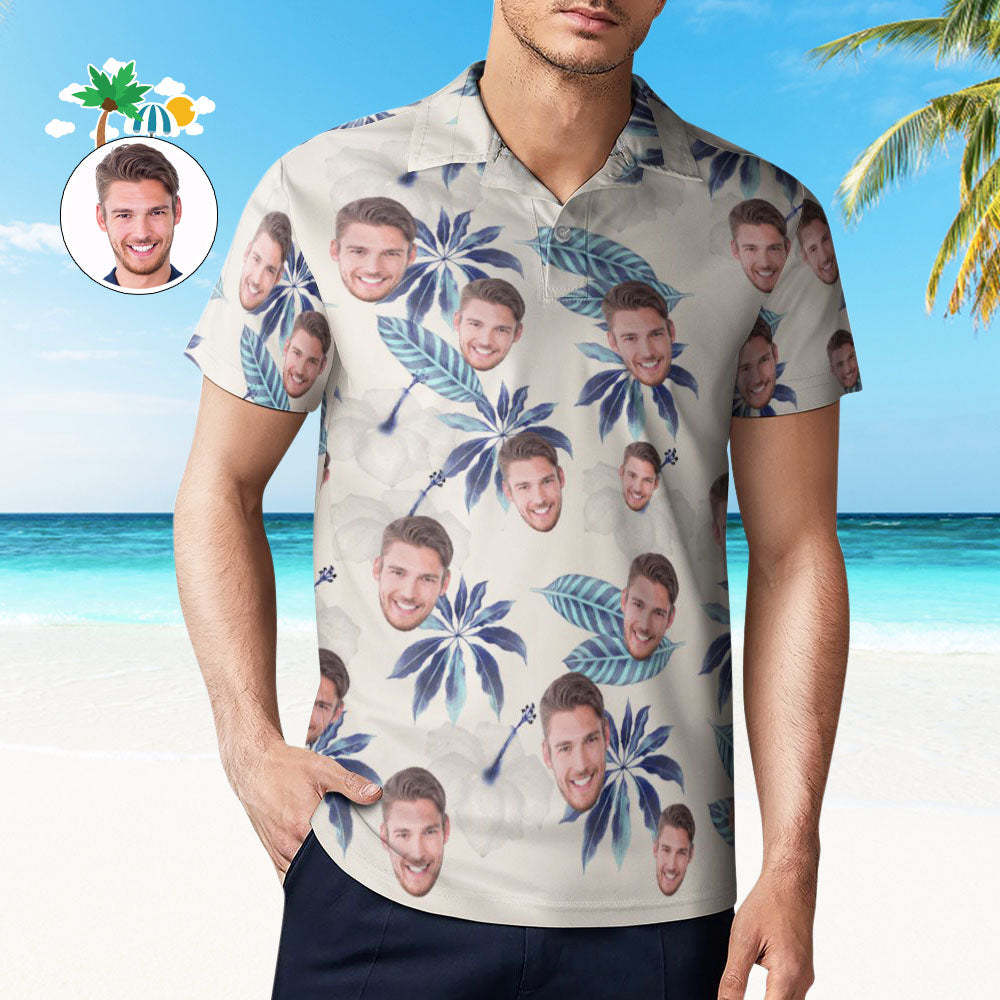 Benutzerdefiniertes Gesichts-poloshirt Für Männer, Blumen Und Blätter, Personalisierte Hawaiianische Golf-shirts - DePhotoBoxer