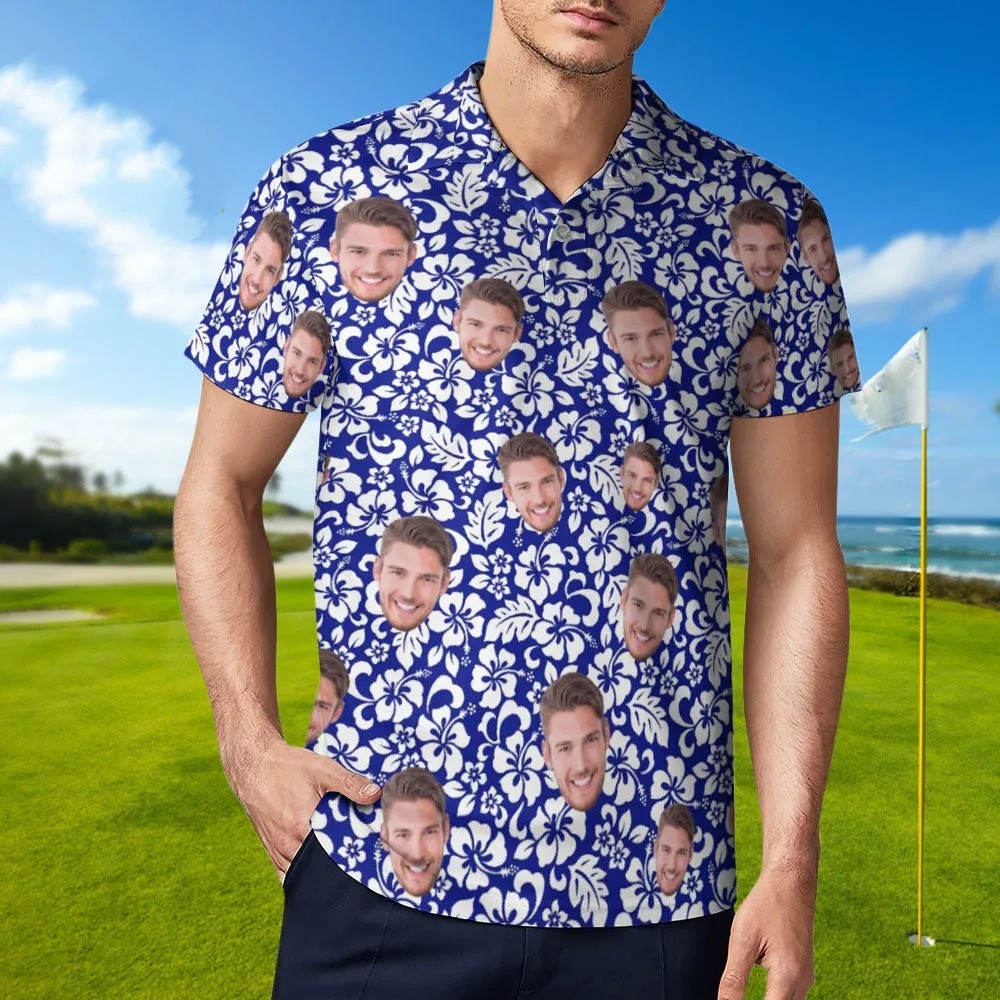 Benutzerdefiniertes Gesichts-poloshirt Für Männer, Personalisierte Blaue Hawaiianische Golf-shirts