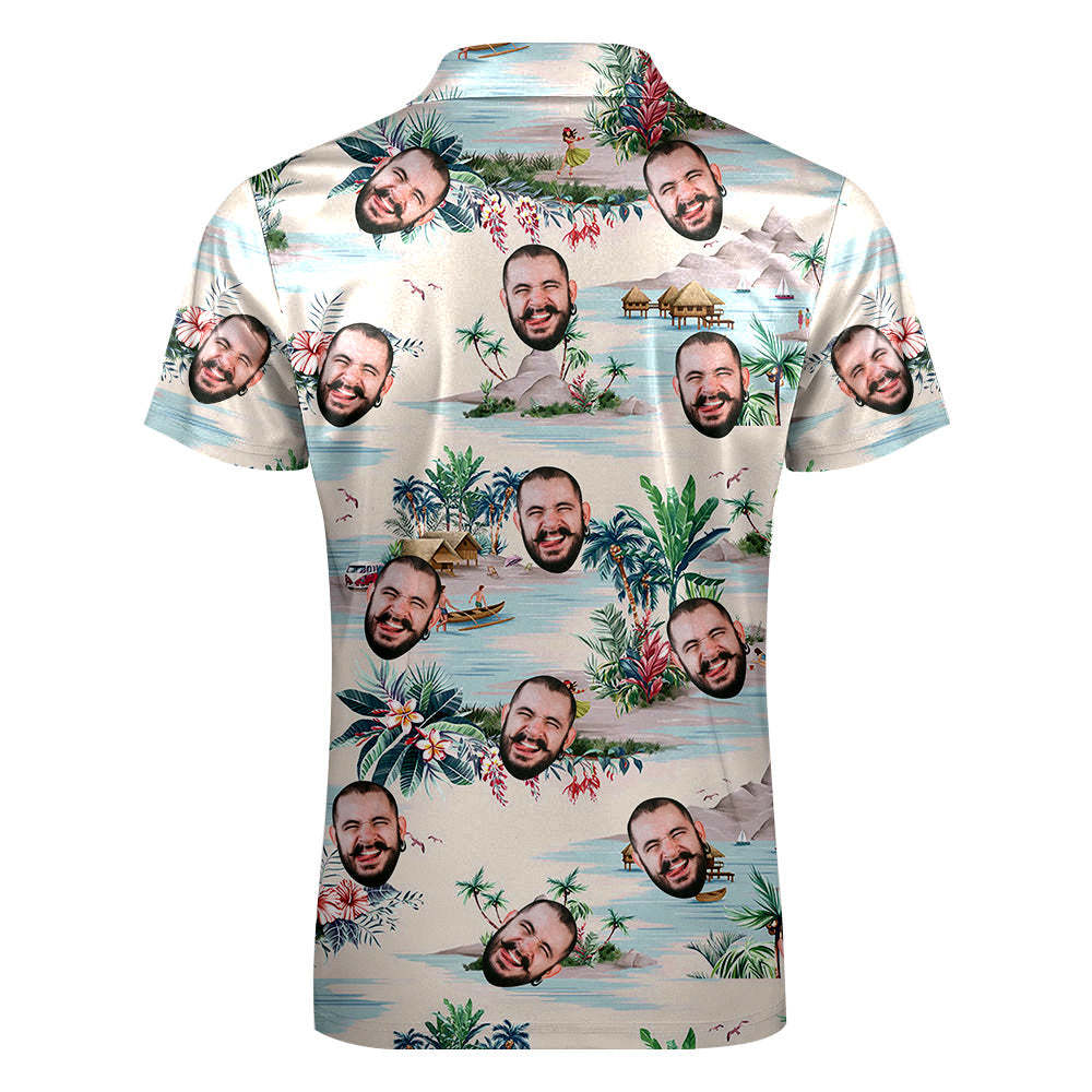 Custom Face Hawaiian Style Poloshirt Mit Reißverschluss Herren Poloshirt Für Freund Oder Ehemann - DePhotoBoxer