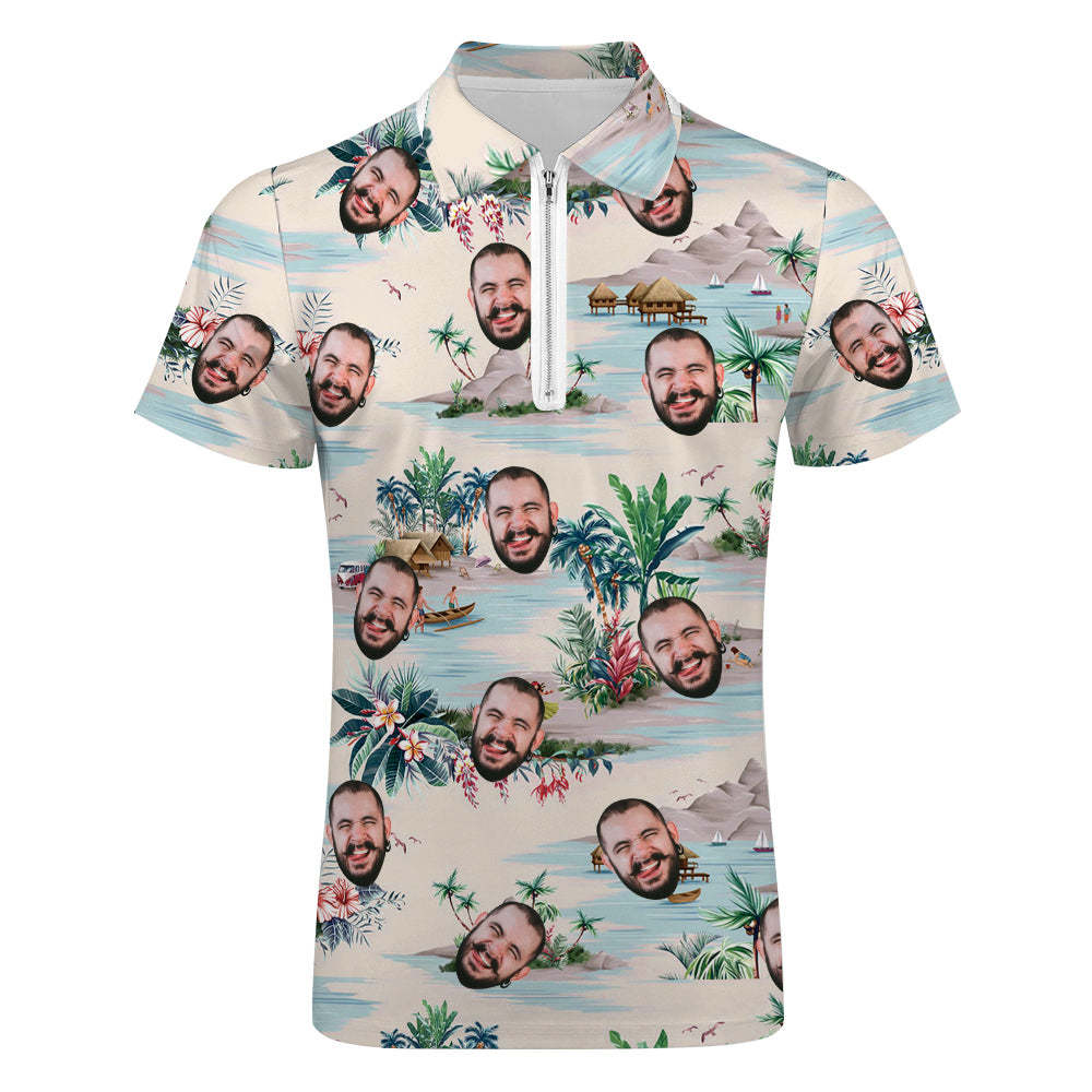 Custom Face Hawaiian Style Poloshirt Mit Reißverschluss Herren Poloshirt Für Freund Oder Ehemann - DePhotoBoxer