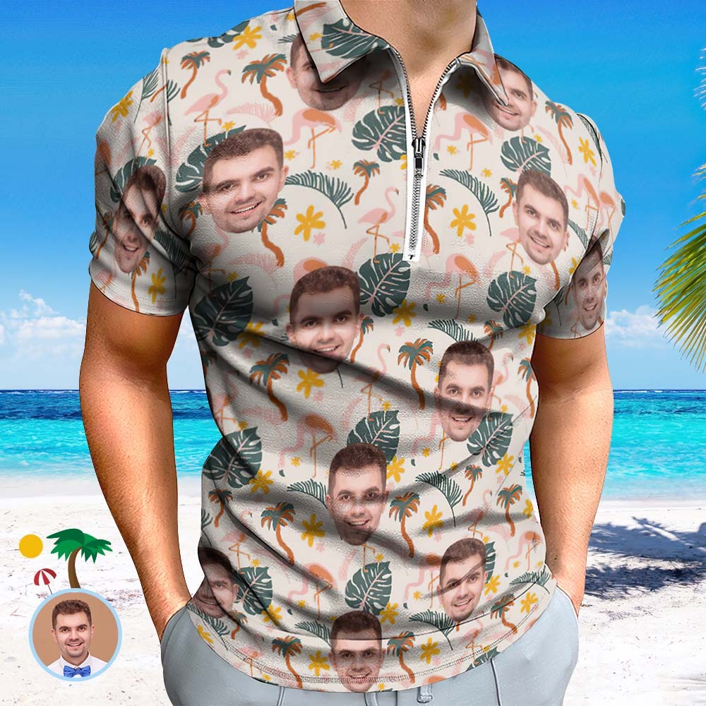 Das Polo-shirt Der Kundenspezifischen Flamingo-wilden Blumenmänner Personalisiertes Gesicht Lustiges Polo-shirt Mit Reißverschluss - DePhotoBoxer