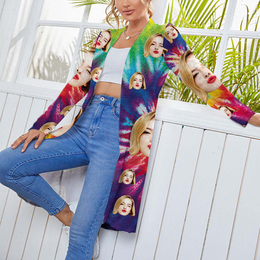 Personalisiertes Gesicht Regenbogenfarbener Cardigan Für Damen Mit Langen Ärmeln Und Offener Vorderseite - DePhotoBoxer