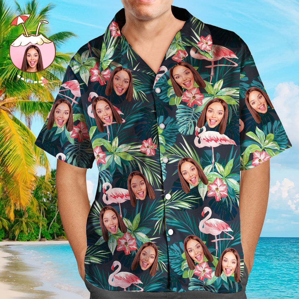 Benutzerdefiniertes Hawaii-hemd Mit Gesicht, Individuelles Hundegesicht-hemd, Blätter Und Flamingo-hawaii-hemden - DePhotoBoxer