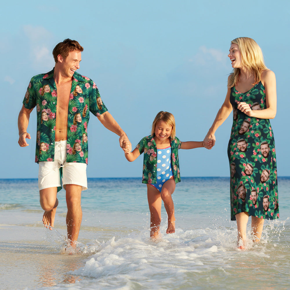 Benutzerdefiniertes Gesicht Hawaiian Stil Rote Blumen langes Kleid und Hemd Familie Matching