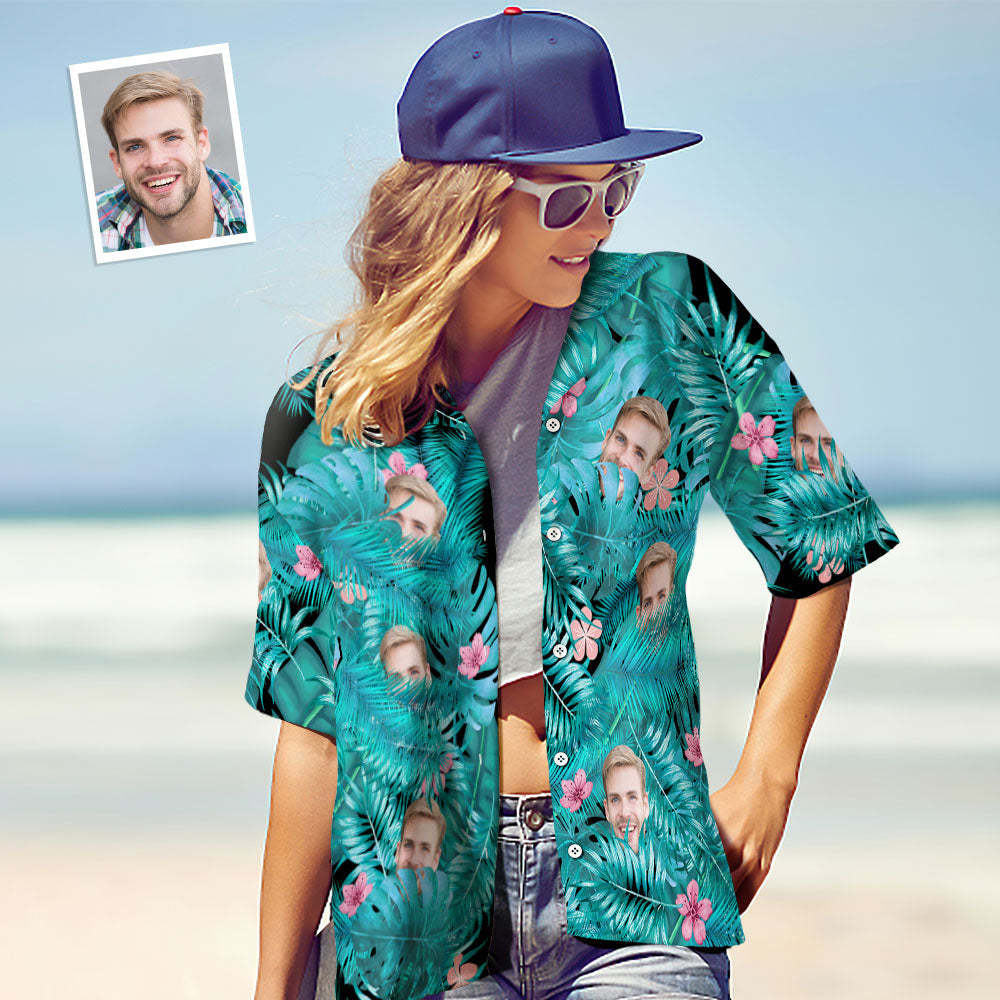 Benutzerdefiniertes Gesichtsshirt, Personalisiertes Foto, Hawaiihemd Für Damen, Geschenk – Blätter Und Rosa Blumen - DePhotoBoxer