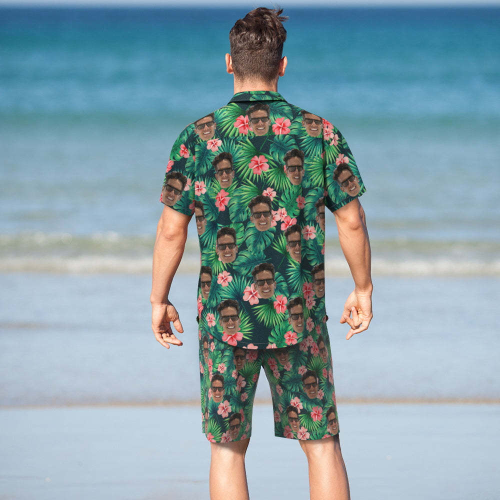 Benutzerdefiniertes Set Mit Hawaiihemd Und Strandshorts Mit Gesicht, Blättern Und Blumen, Personalisiertes Herrenfoto-allover-print-set, Urlaubsparty-geschenk - DePhotoBoxer