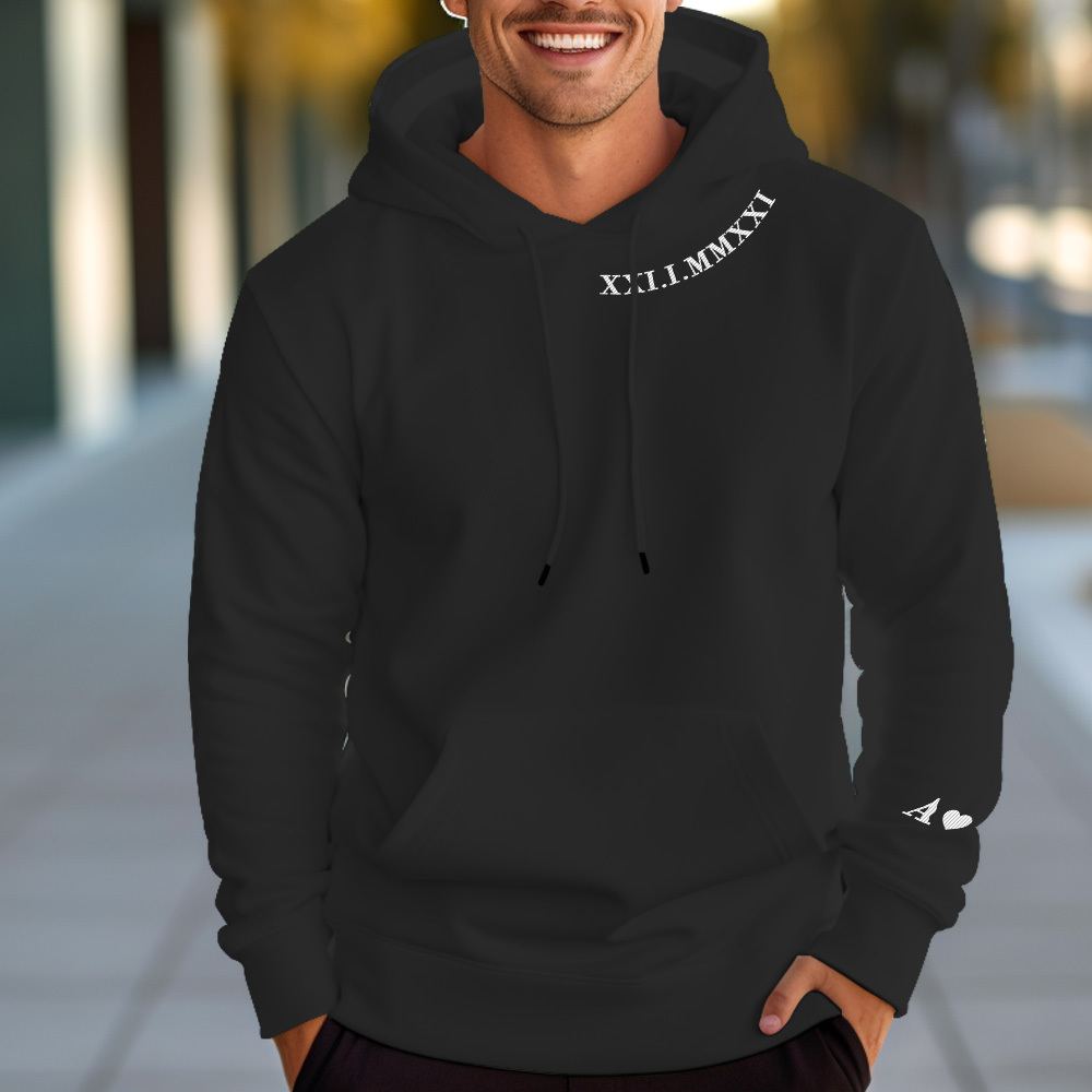 Personalisierter Kapuzenpullover Mit Gestickten Römischen Ziffern, Daten Und Initialen, Einzigartiges Jubiläumsgeschenk