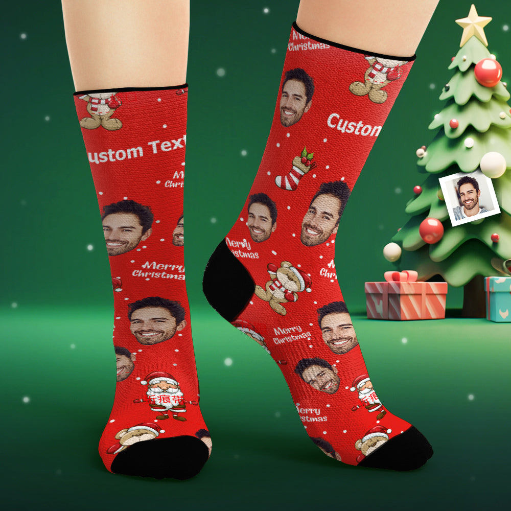 Benutzerdefinierte Gesichtssocken, Personalisiertes Foto, Rote Socken „frohe Weihnachten". - DePhotoBoxer