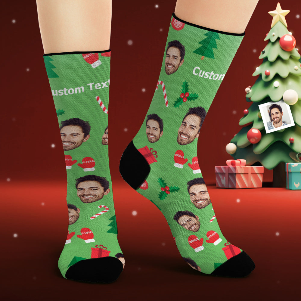Benutzerdefinierte Gesichtssocken, Personalisiertes Foto, Grüne Socken, Weihnachts-lebkuchenmann - DePhotoBoxer