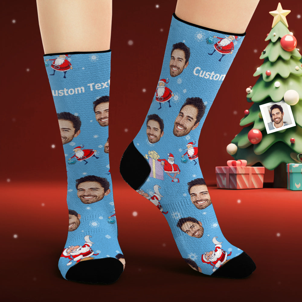 Benutzerdefinierte Gesichtssocken, Personalisiertes Foto, Lila Socken, Weihnachtsmann Mit Geschenken - DePhotoBoxer
