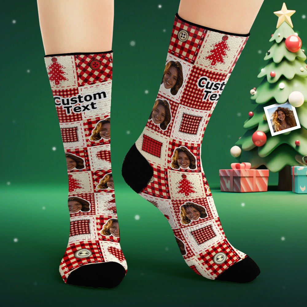 Benutzerdefinierte Gesichtssocken, Personalisierte Fotosocken, Weihnachtliches Karomuster - DePhotoBoxer