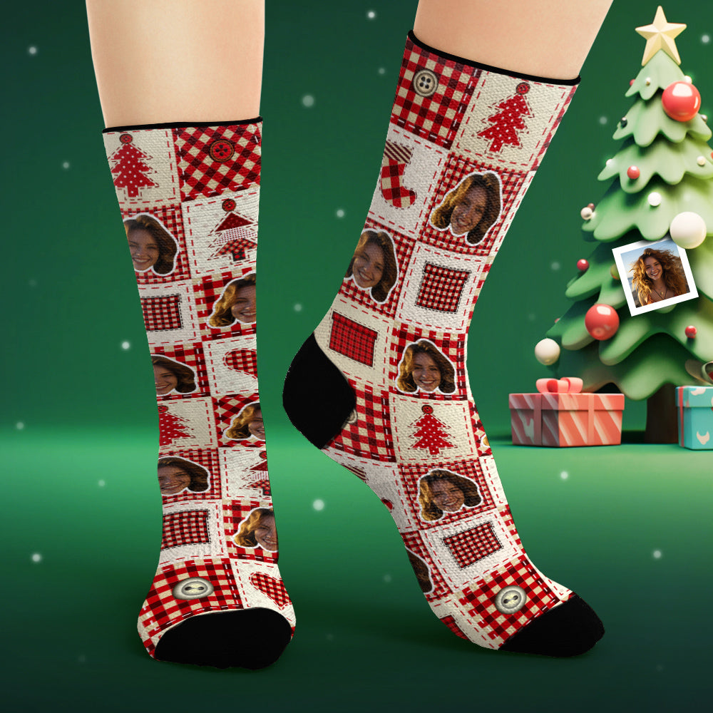 Benutzerdefinierte Gesichtssocken, Personalisierte Fotosocken, Weihnachtliches Karomuster - DePhotoBoxer