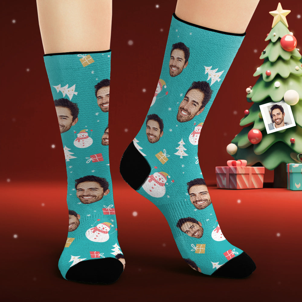 Benutzerdefinierte Gesichtssocken, Personalisiertes Foto, Blaue Socken, Schneemann, Frohe Weihnachten - DePhotoBoxer