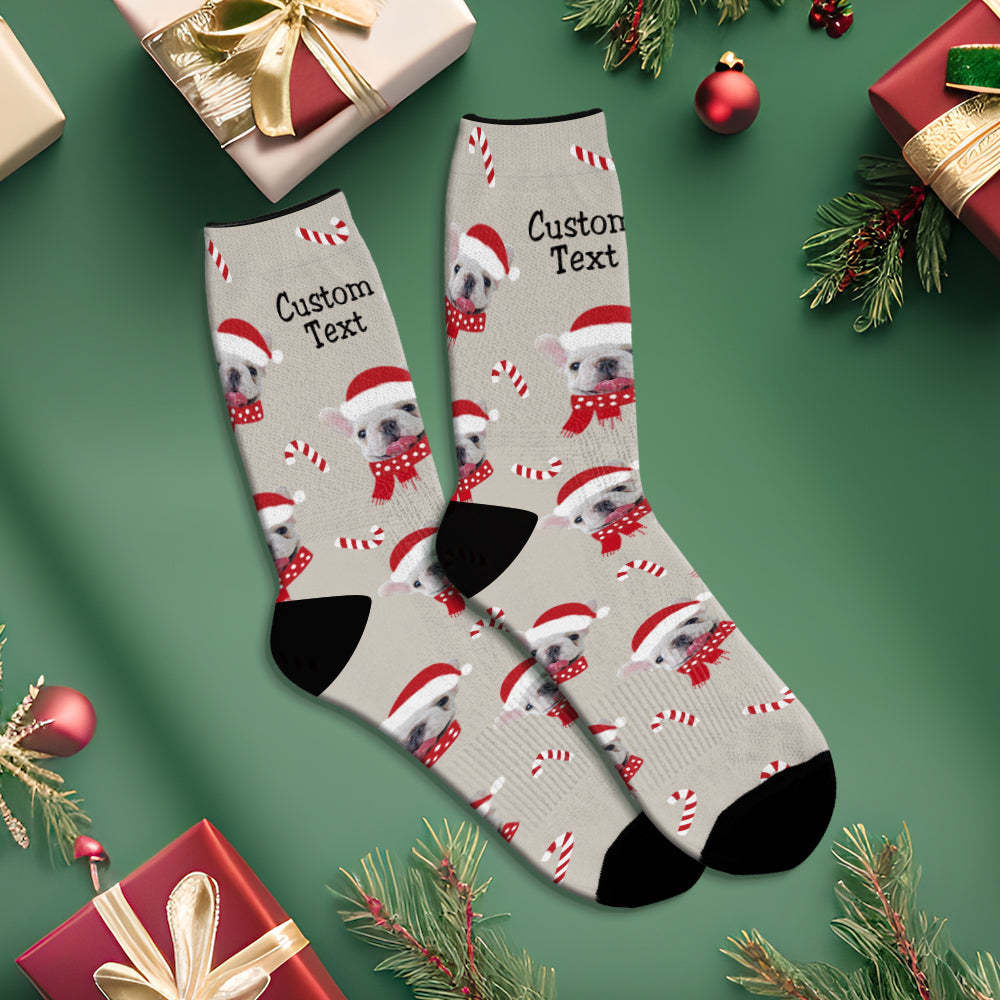 Benutzerdefinierte Weihnachtliche Graue Atmungsaktive Gesichtssocken, Personalisierte Hundefotos, Weiche Socken, Geschenke Für Haustierliebhaber - DePhotoBoxer