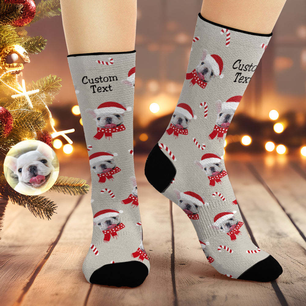 Benutzerdefinierte Weihnachtliche Graue Atmungsaktive Gesichtssocken, Personalisierte Hundefotos, Weiche Socken, Geschenke Für Haustierliebhaber - DePhotoBoxer