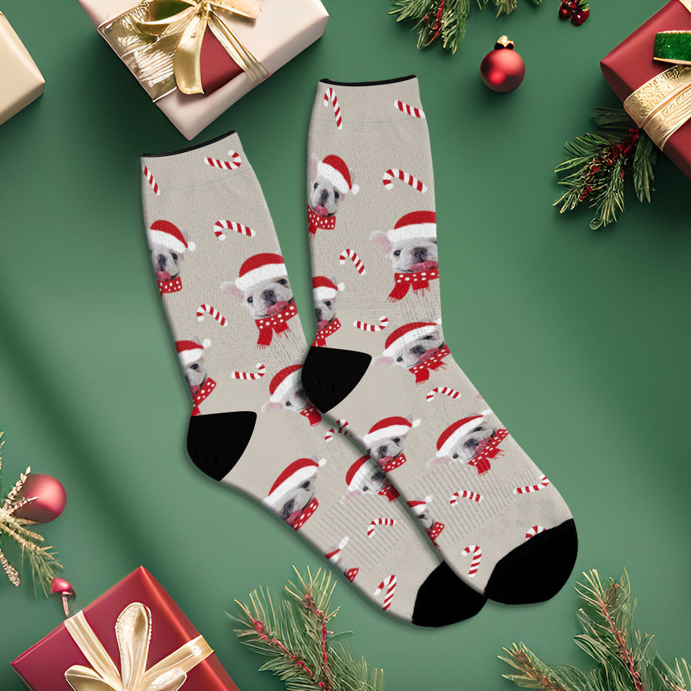 Benutzerdefinierte Weihnachtliche Graue Atmungsaktive Gesichtssocken, Personalisierte Hundefotos, Weiche Socken, Geschenke Für Haustierliebhaber - DePhotoBoxer