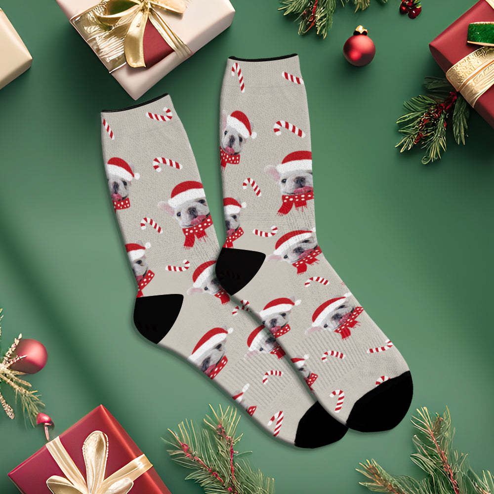 Benutzerdefinierte Weihnachtliche Graue Atmungsaktive Gesichtssocken, Personalisierte Hundefotos, Weiche Socken, Geschenke Für Haustierliebhaber - DePhotoBoxer