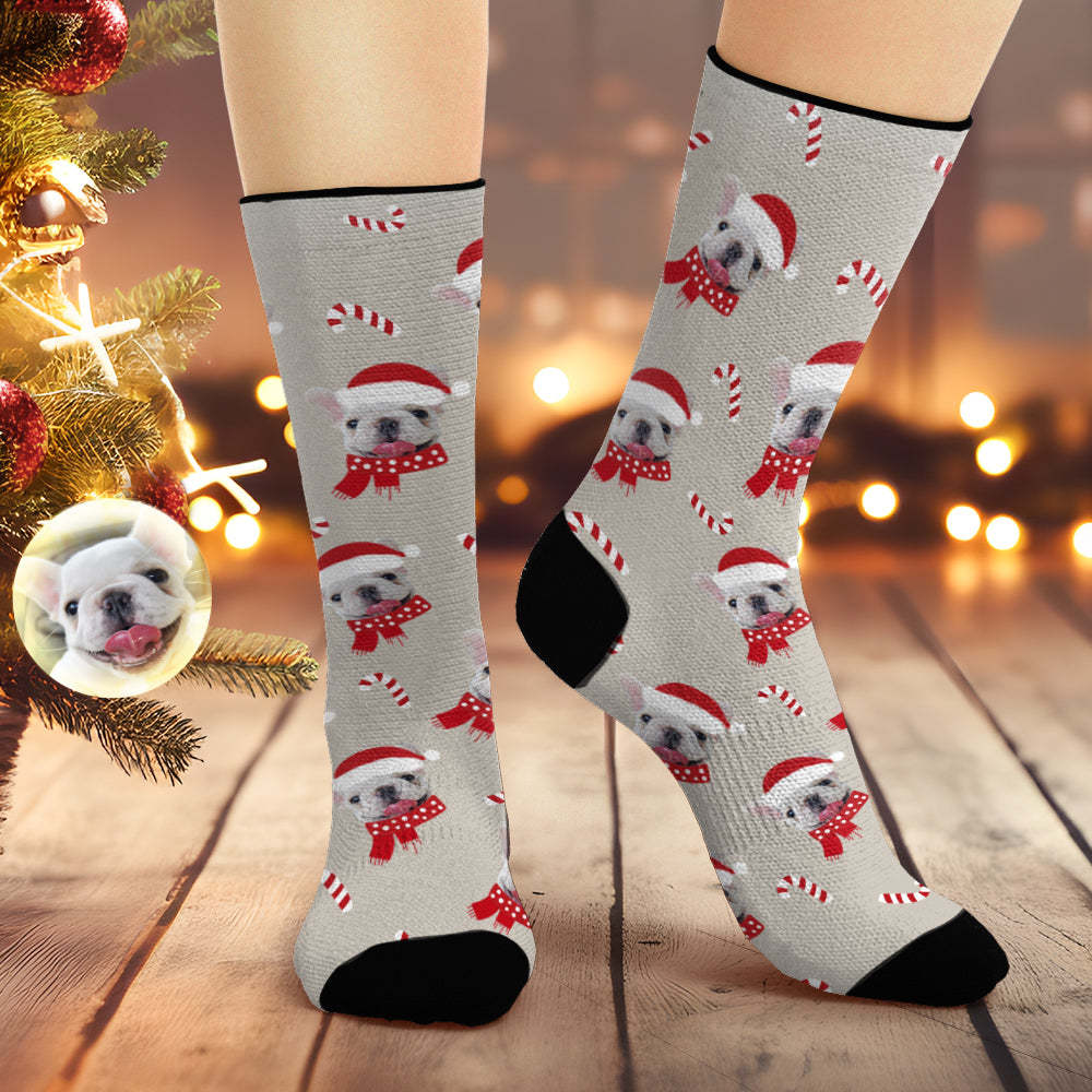 Benutzerdefinierte Weihnachtliche Graue Atmungsaktive Gesichtssocken, Personalisierte Hundefotos, Weiche Socken, Geschenke Für Haustierliebhaber - DePhotoBoxer