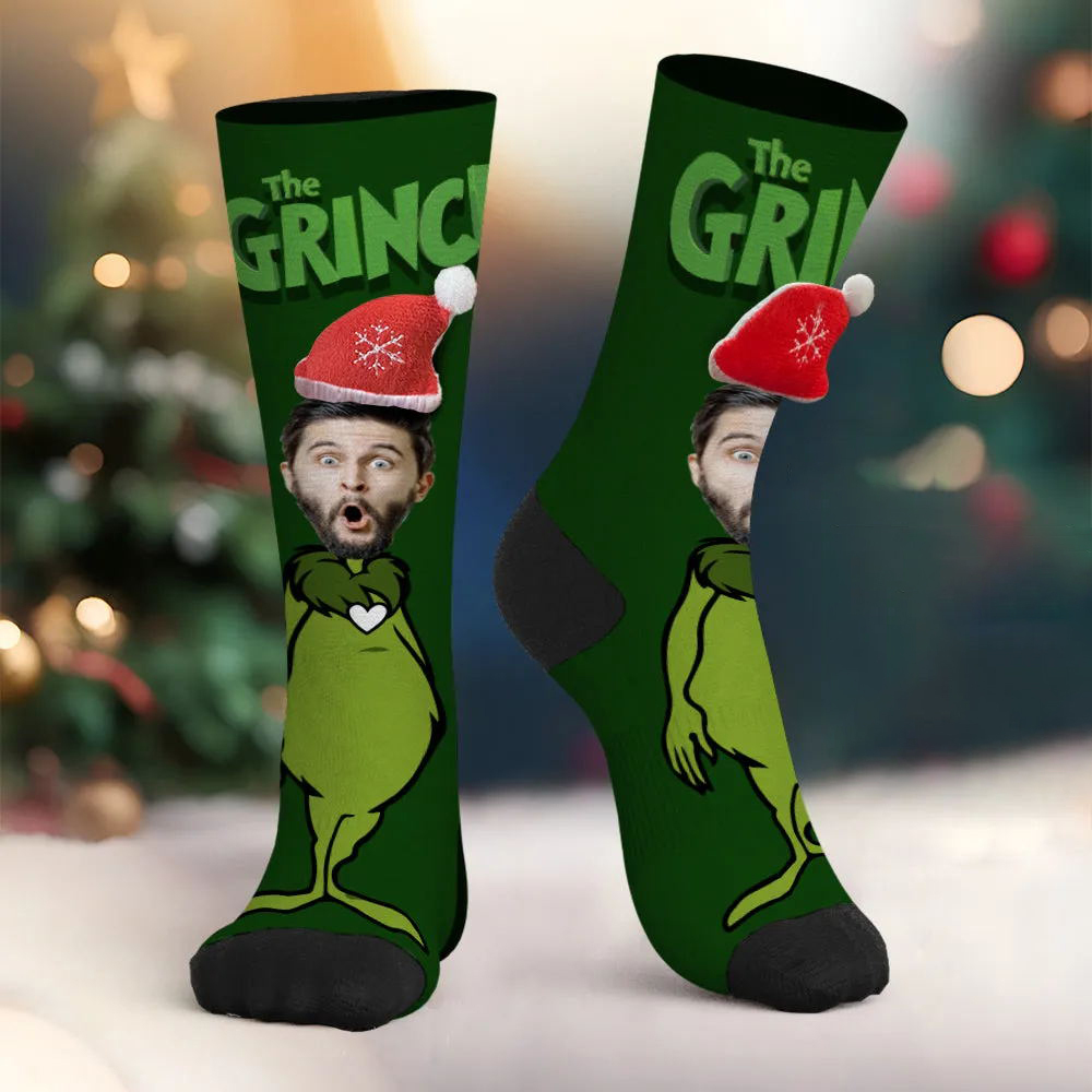 Benutzerdefinierte Gesichtssocken, Personalisierte 3d-weihnachtsmannmützensocken Der Grinch